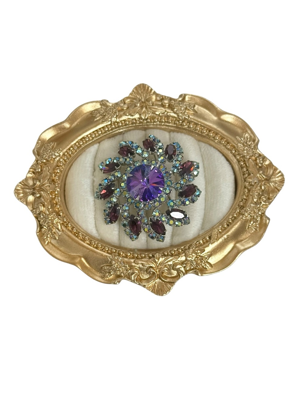 1960s peacock brooch purple rivoli stone & AB peacock blue & purple rhinestones.